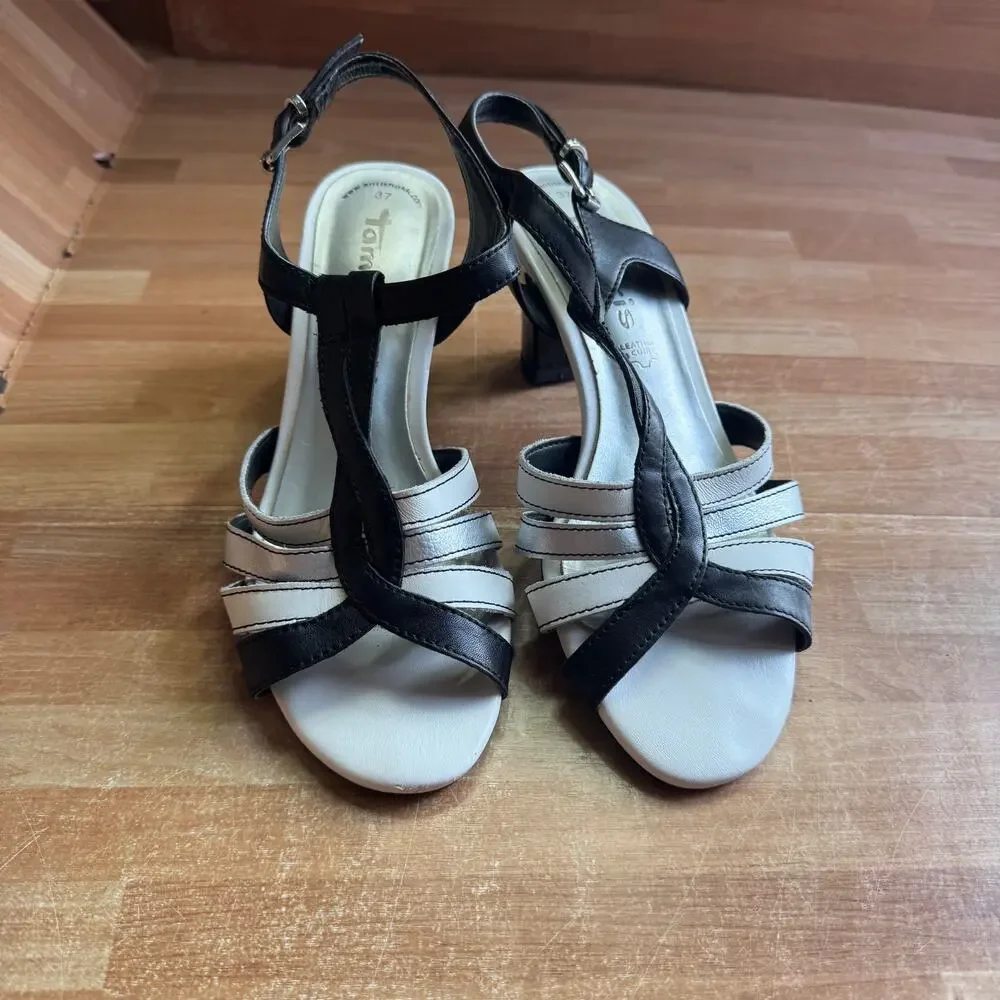 Tamaris Black & Silver Strappy Leather Slingback Sandals - Size 37 (US 6.5)